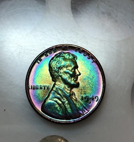 Lincoln Wheat Cent 1949 D BU Monster rainbow TONED
