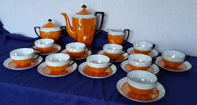SERVICE À CAFÉ ART DÉCO PORCELAINE IRISÉE ORANGE VICTORIA CHINA CZECHOSLOVAKIA - Photo 1/4