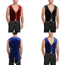 US Men Vest Gold Metallic Trim Waistcoat Masquerade Tailcoat Formal Velvet Stage