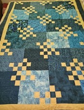 Stunning Nearly Completed Patchwork Quilt Blues  Yellows Needs Quilting 82 X 60