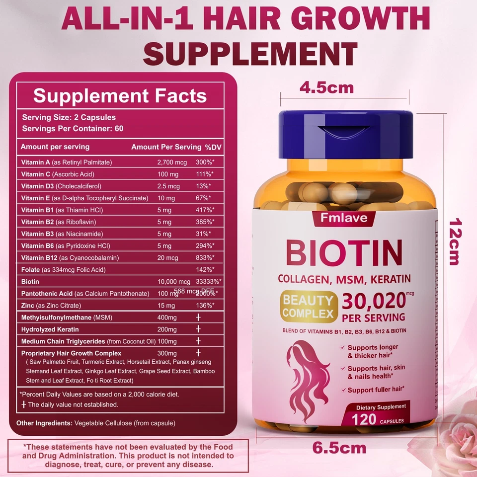 Vitaminas para el crecimiento del cabello para mujeres hombres | Biotina 10.000 mcg, queratina de colágeno 120 cápsulas Foto 4 de 4