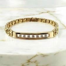 Vintage 14K Gold Nugget Style Link Bracelet 0.49ct Diamond Bar Unisex, 7" 18.4g