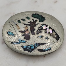 Vintage Mexican Alpaca Silver Cowboy Horse Turquoise Abalone Inlay Belt Buckle