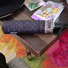 Michael Kors Compact Folding Umbrella Black/Gray Logo Print Unisex