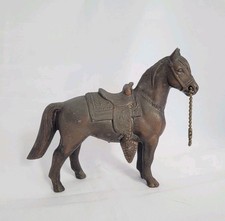 Vintage Cast Metal Horse Stallion Pony Saddle Reins Figurine 5" Western 1950s