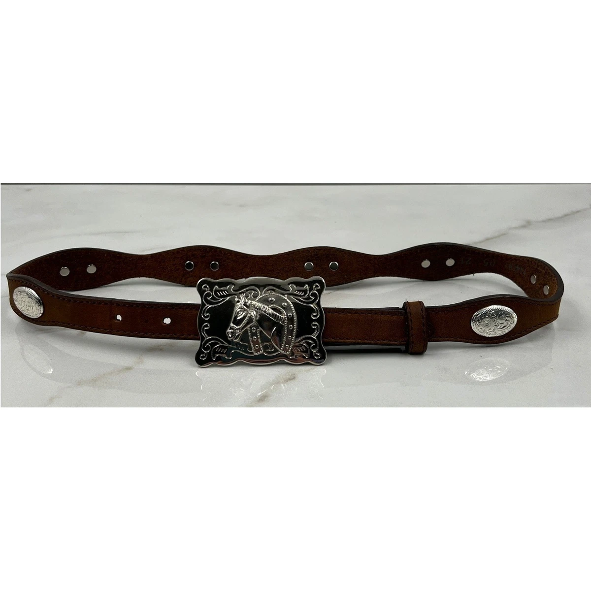Vtg ALC Leather Concho Belt Women L Western Boho Buckle Stamped Alligator Print Angel Ranch Women main image 2