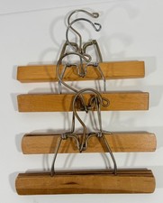 Vintage Wooden Clamp Style Pant Skirt Hangers With Metal Clips Set Of 4 Laundry