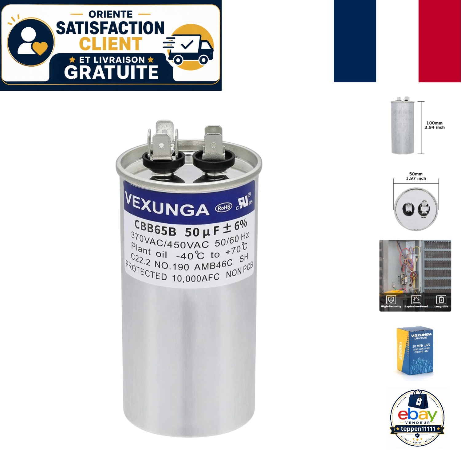 Condensateur 50uF VEXUNGA 440VAC pour moteur pompe et climatiseur