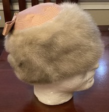 Vintage Silver Fur Hat W/ Pink Satin Top And Bow Pill Box Hat Very Unique Small