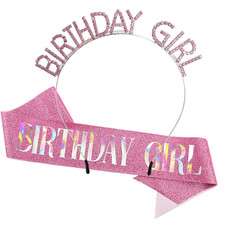 Pink Birthday Sash for Women Girls Happy Birthday Crown Tiara for Women Headband