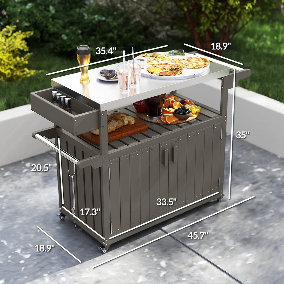 Outsunny Outdoor Bar Cart with Storage, HDPE Outdoor Kitchen Cart, Gray - Image 2 of 4