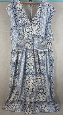 Old Navy Summer Midi Dress 2X Smocked Waist Boho Blue Paisley Beach Resort NEW