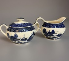 Vintage Blue Willow Ceramic Creamer  Covered Sugar Bowl Set Made in England