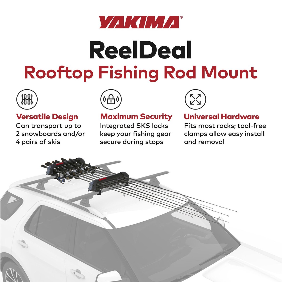 YAKIMA ReelDeal Padded Rooftop Rack Fishing Rod, Ski, and Snowboard Mount, Black YAKIMA ReelDeal Padded Rooftop Rack Fishing Rod, Ski, and Snowboard Mount, Black
