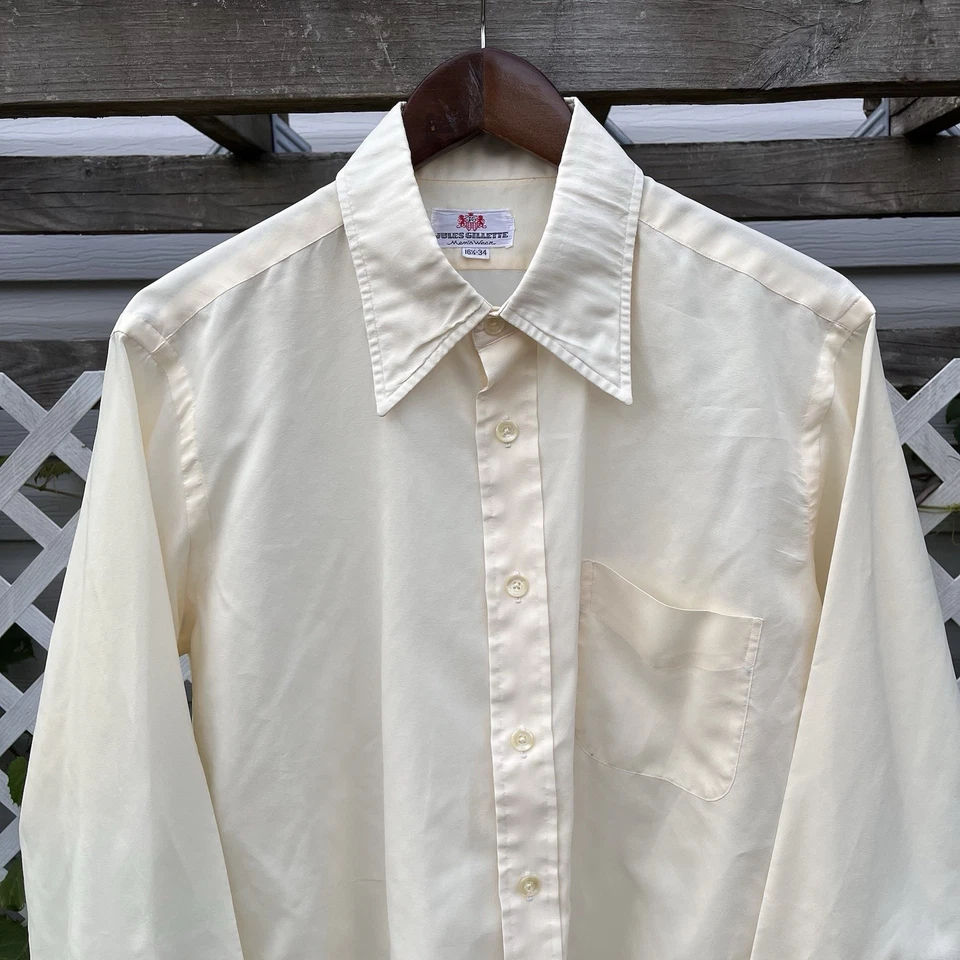 Vintage 60s 70s Disco Polyester Rayon Hippie Shirt Sz M Ivory Shiny MOD  - Image 2 of 4