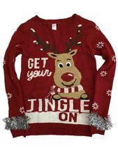 Junior Womens Red Get Your Jingle On Reindeer Holiday Christmas Sweater