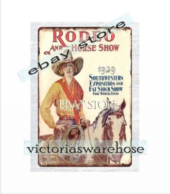 art and decor 1929 Ft. Worth Fat Stock Show Horse cowgirl Rodeo metal tin sign