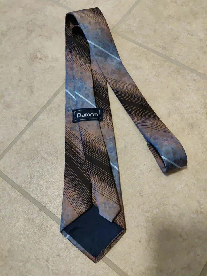 Damon Hombre Cuello Marrón Azul Rosa Rayas Estampado Floral Corbata 100% Poliéster Usado en Excelente Condición Foto 4 de 4