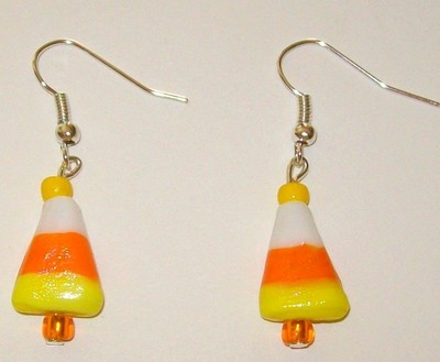 HALLOWEEN/FALL/AUTUMN EARRINGS-CANDY CORN-LAMPWORK GLASS-HANDCRAFTED-SILVER# 730