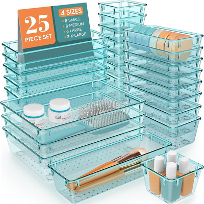25-PC Plastic Desk Drawer Organizer Set - Makeup Jewelry Kitchen Bathroom (BLUE)