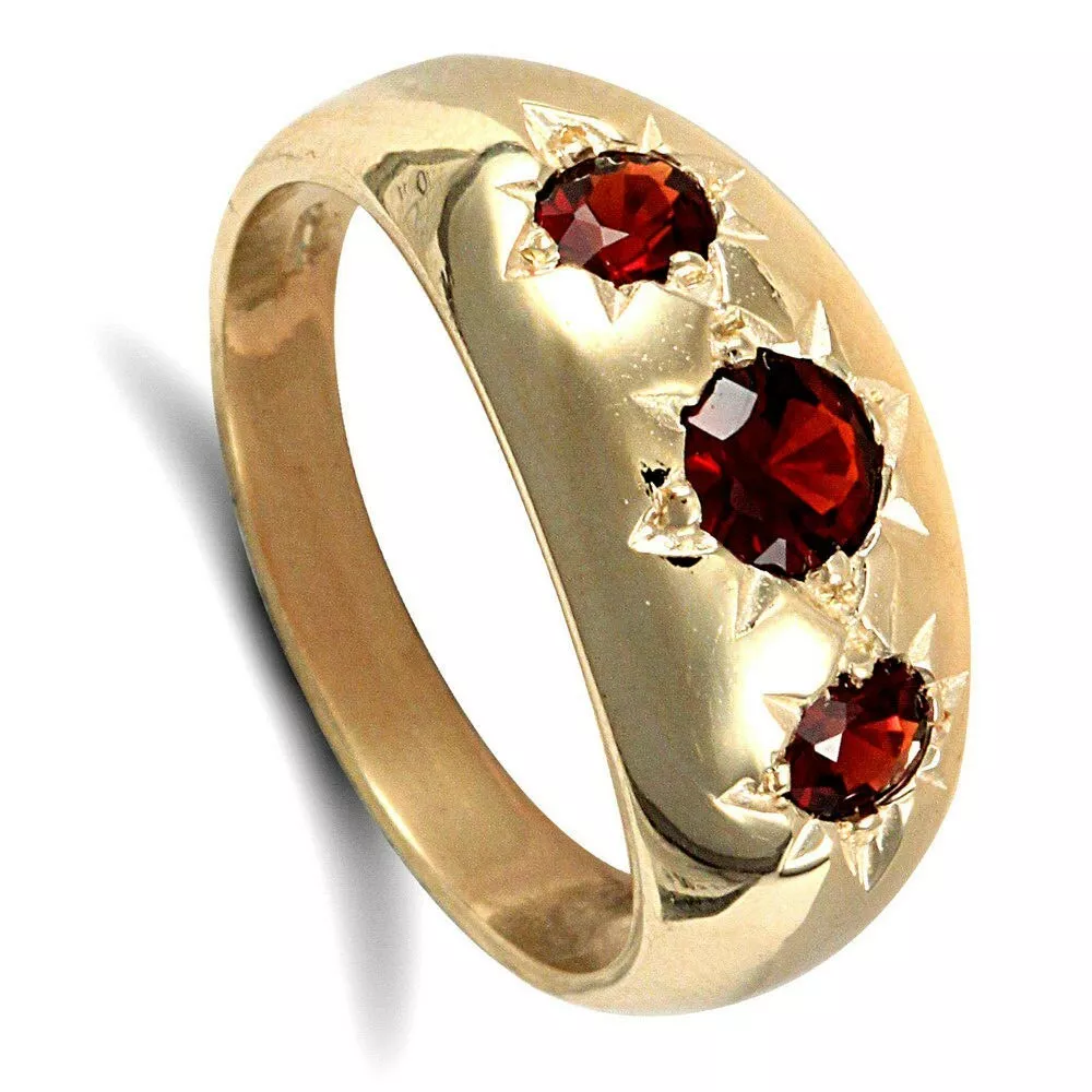 Yellow Gold Garnet Ring Three Stone Gypsy Engagement Solid 9 Carat Hallmarked