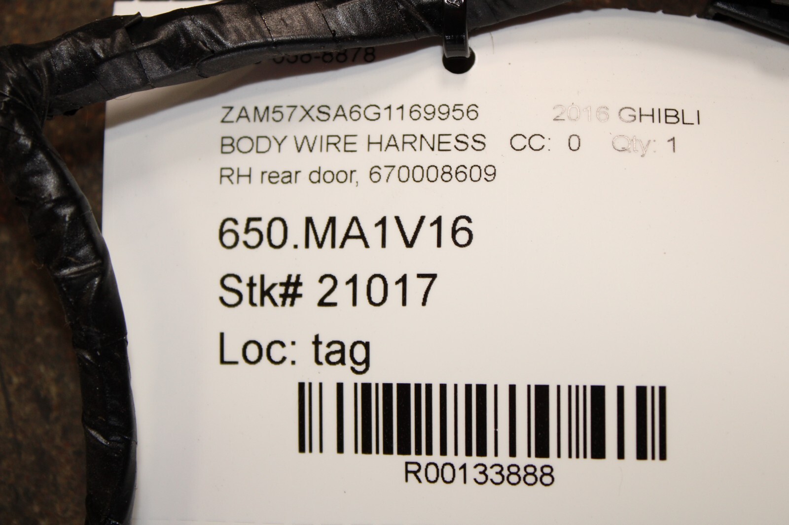 2016 Maserati Ghibli, RH, Right, Rear Door Wire Harness, Used, P/N 670008609