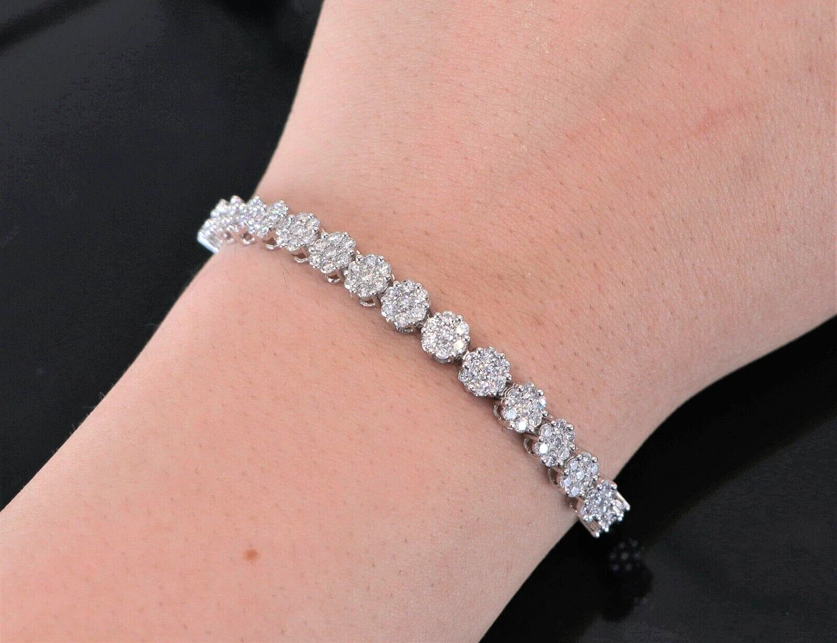 14k White Gold 5.27ct Round Diamond Cluster 7.25 Tennis Bracelet