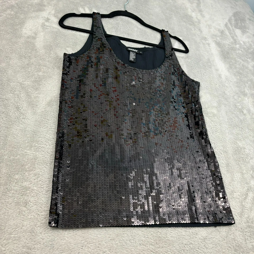 Camiseta sin mangas DKNY lentejuelas para mujer M negra algodón elástica salir discoteca años 70 Foto 4 de 4