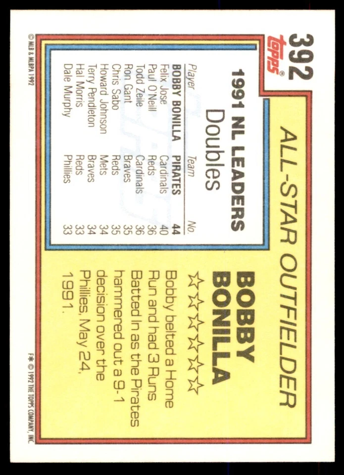 1992 Topps Bobby Bonilla A Baseball Cards #392 - Image 2 of 2