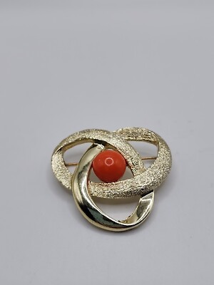 Vintage Sarah Coventry Brooch, Gold Faux Coral Atomic Orbit  Brooch 1.8'' Mint 