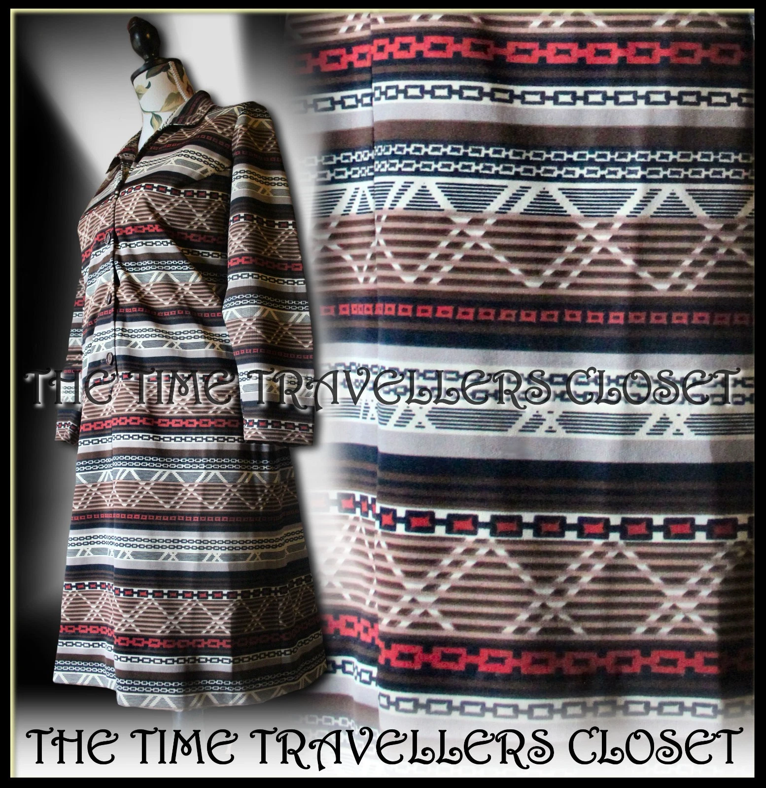 Brydonia Model Vintage 60 70s Mod Brown Multi Geometric Abstract Knee Dress UK10