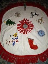 Vintage MCM Felt Sequins Christmas Tree Skirt Reindeer Snowman Stocking Applique