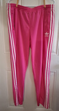 Womens Pink Adidas Track Pants Trefoil X-Large Drawstring Zipper Pockets Stripes