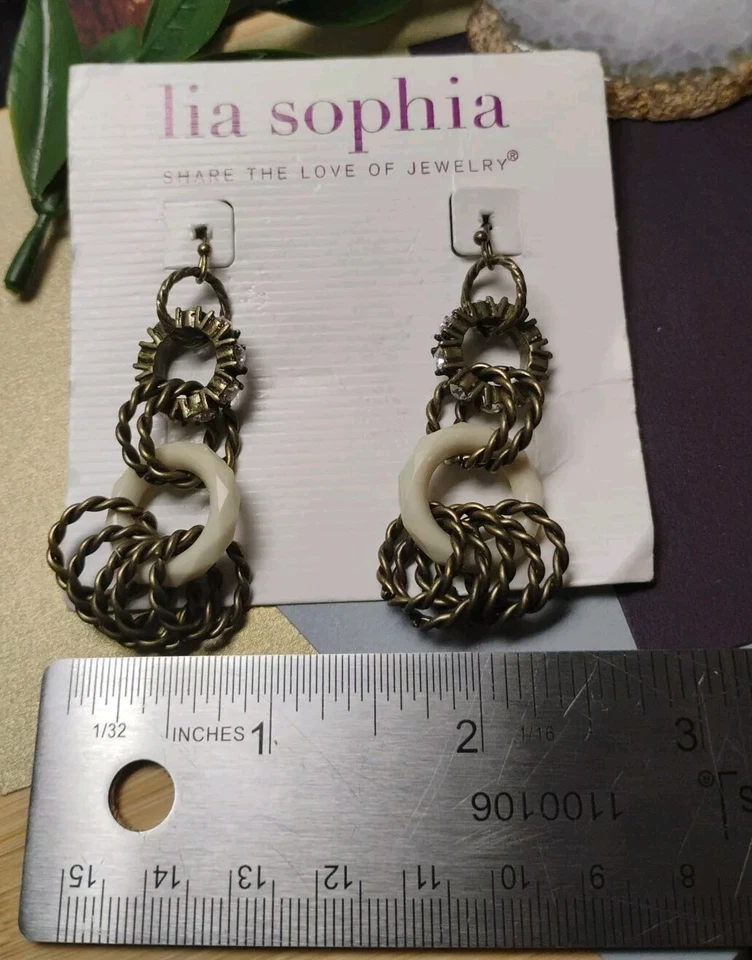 Diseñador LIA SOPHIA "Frenesí" Antiguo Tono Dorado Lazos en Pendientes de Tarjeta Originales! Foto 4 de 4