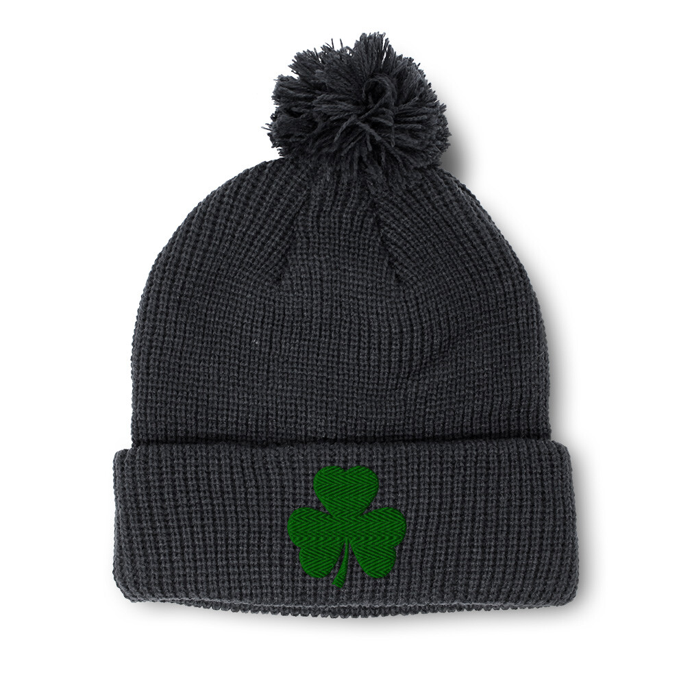 Shamrock Embroidered Acrylic Pom Pom Beanie for Women