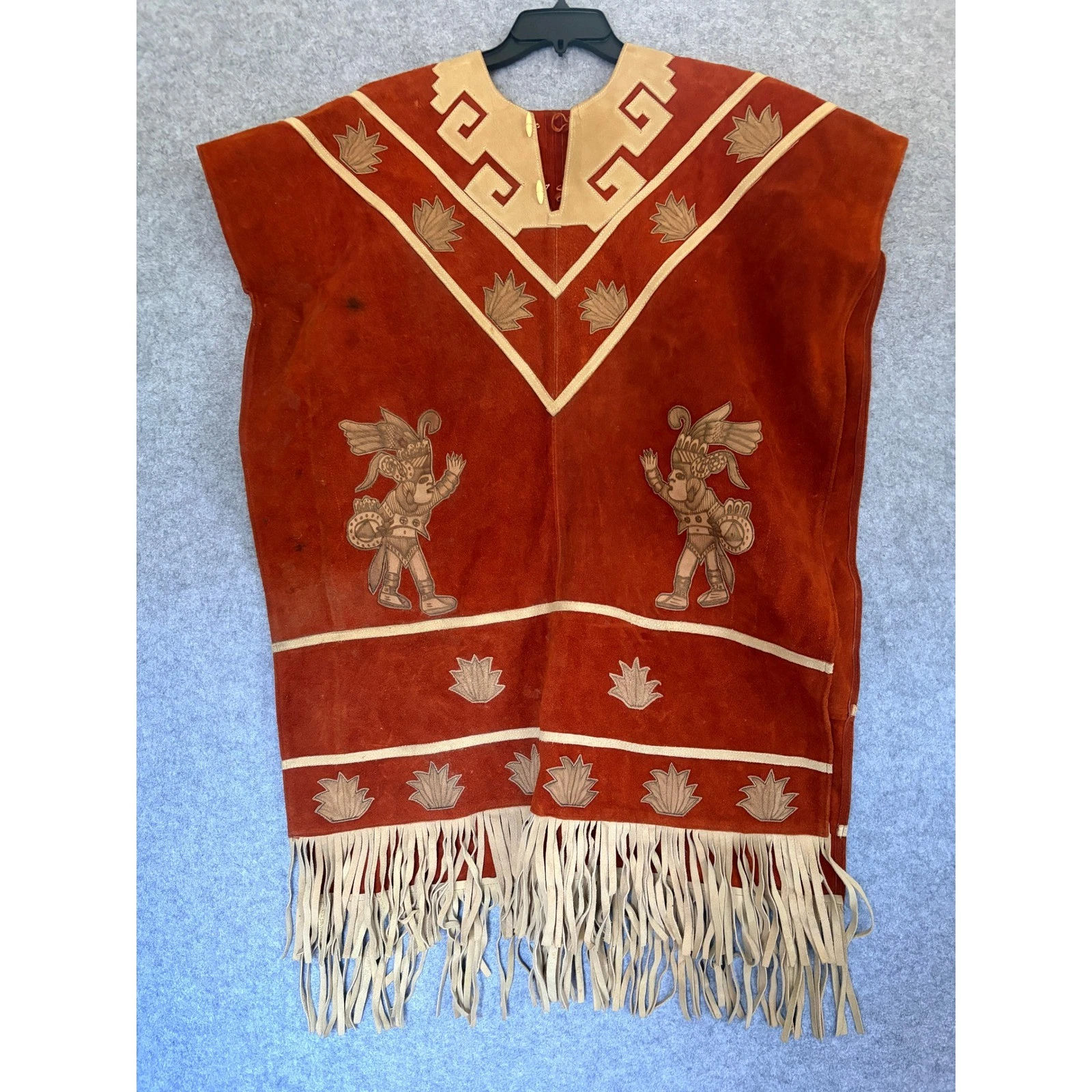 Vintage Aztec Suede Leather Poncho Rust Orange Fringe Warrior Agave Handmade