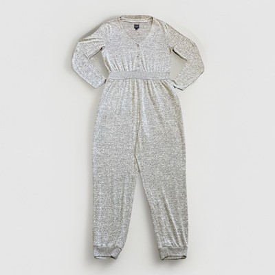 GAP Womens S Cozy Knit Jumpsuit Heather Gray L/S VNeck Jogger Soft Loungewear