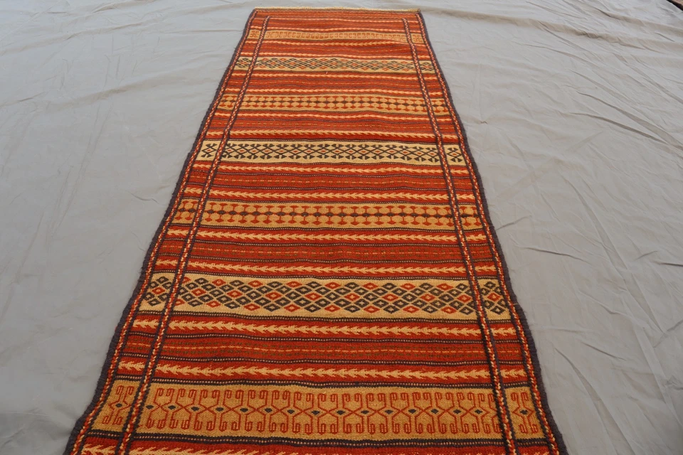 Vintage Afghan Kilim Runner – Tribal Geometric Wool Rug – Red & Ivory Striped. - Image 2 of 4