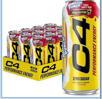 C4 Energy Drink, Hawaiian Punch Fruit Juicy Red, 16 oz Pack of 12
