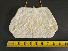 Vtg 50's Small Evening Purse Cream Covered Of Sequins  Beads Satin Like
