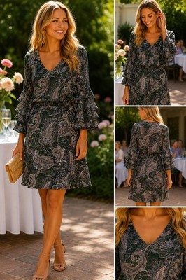 EST. 1946 Paisley Dress Medium Green Pink Bell Sleeve Boho Mini Shift M L