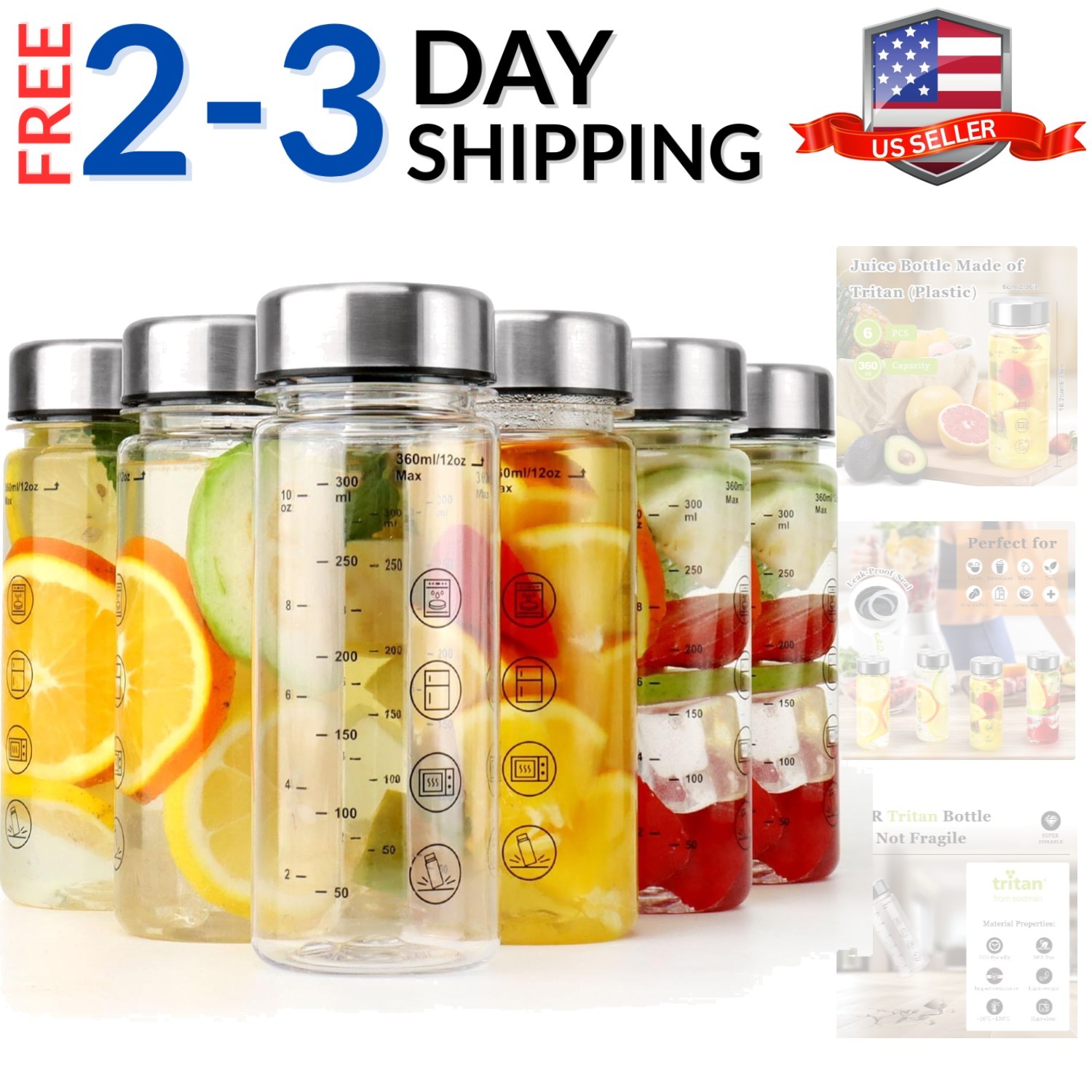 With Caps - Wide Mouth Resuable Clear Plastic Water Bott...