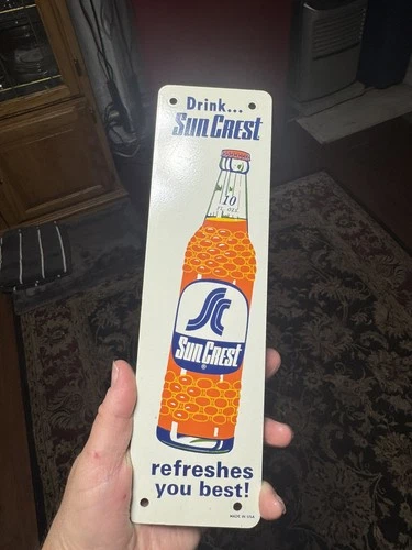 VINTAGE SUNCREST SIGN DOOR PUSH SODA POP BEVERAGE ORANGE COLA DRINK NOS Metal