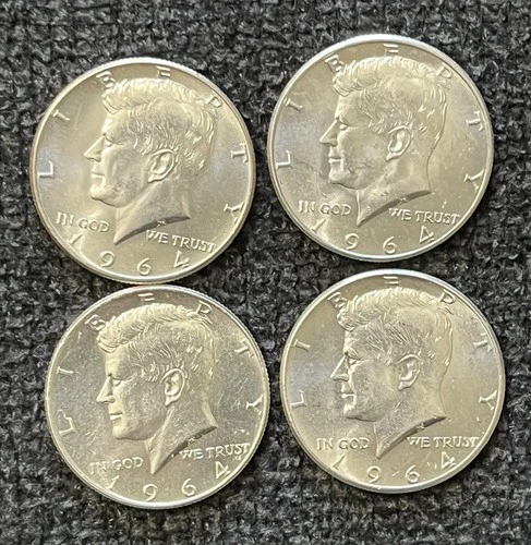 1964 50c Kennedy Half Dollars, 90% Silver, AU-Uncirculated, Lot of 4
