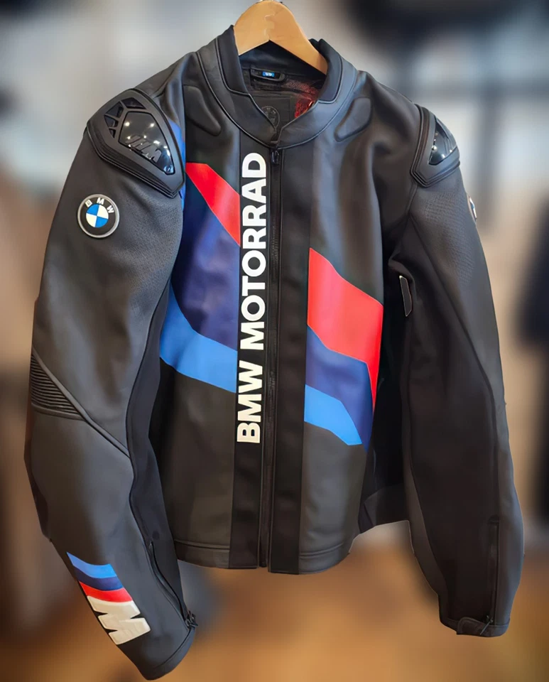 男式白色皮革摩托车夹克 CE Armor | 宝马风格摩托车赛车装备 — 第 3/4 张图片