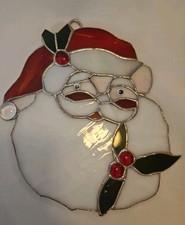 Stained Glass Santa Face Handmade Holly Berry Accents 8x7 Inch Sun Catcher