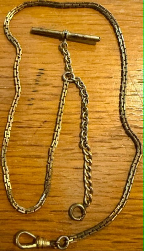 Watch chain: Vintage, 2 gold chains combined, T-bar, clip & jump ring (Lot#366)
