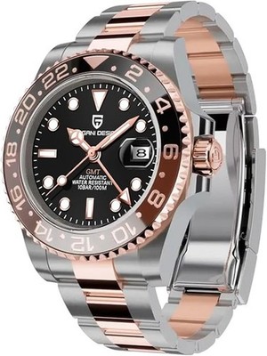  USA Pagani Design PD-1662 Master GMT Oyster Rose Black Bezel Automatic Watch 