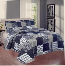 3-Piece king  Size Printed Patchwork  Quilt Set - Navy Flower Floral Strip