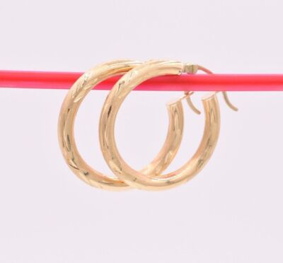 1'' 25mm X 3mm Diamond Cut Polished Shiny Hoop Earrings REAL 14K Yellow Gold